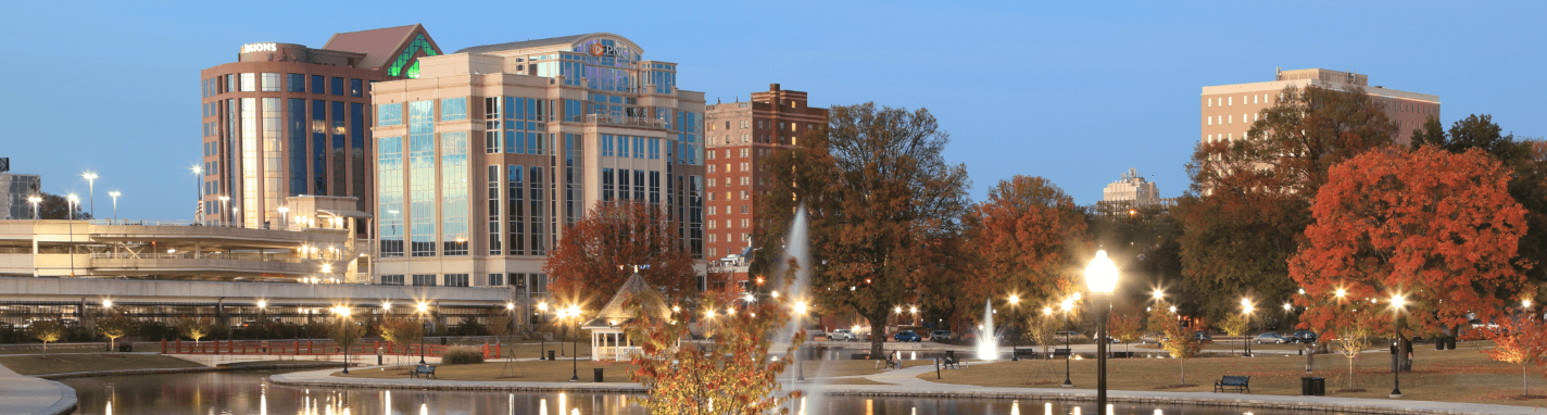 A city with trees and buildings.