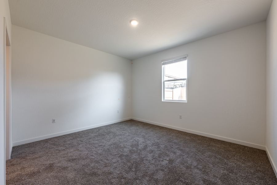 A room with a carpet and a window.