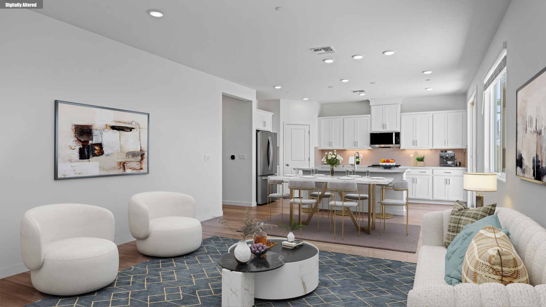 A large living room with a dining table and chairs.