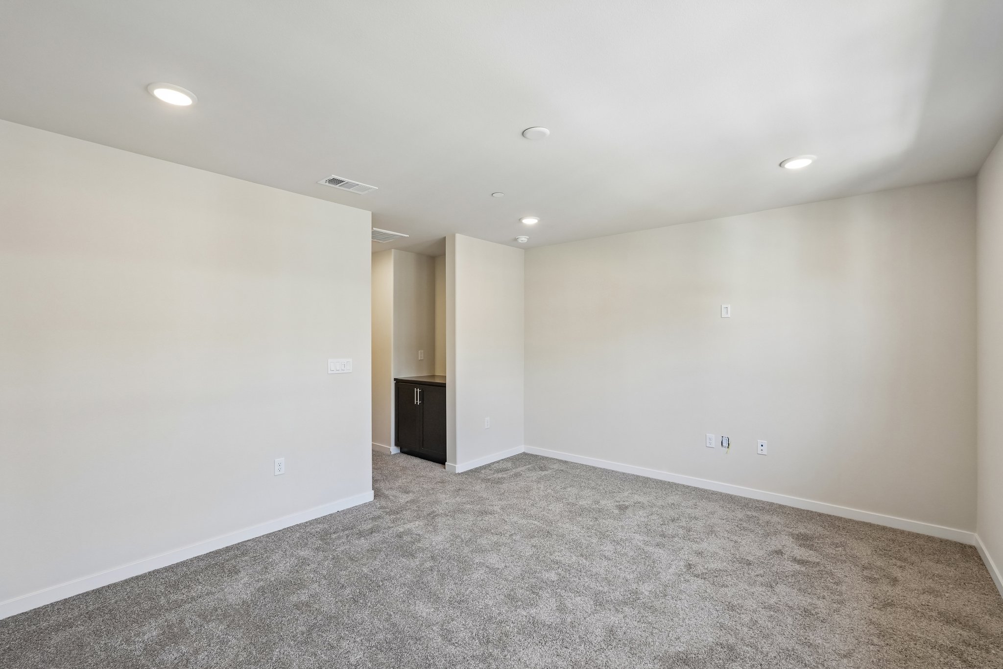 A room with a carpet and a door.