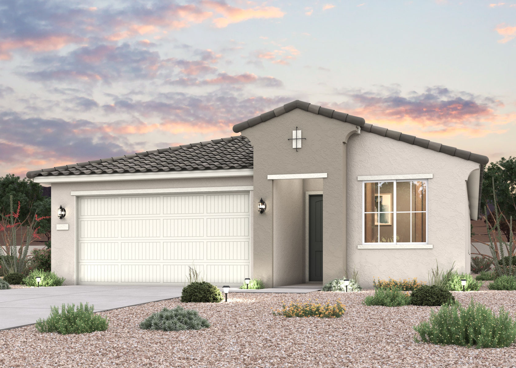 Twilight rendering of a new home for sale in Buckeye, AZ with 2 car garage at Montana Vista by Century Communities.