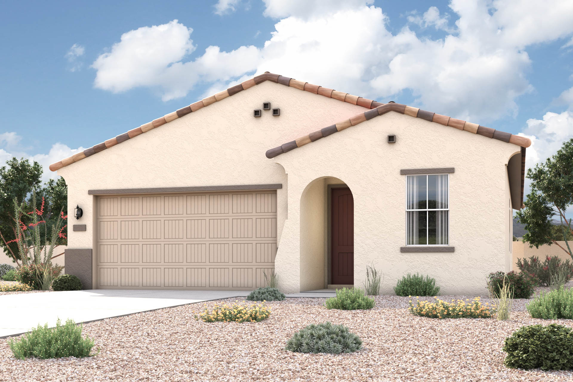 New Home classic modern exterior elevation rendering of 1 story 3-bedroom floor plan in Maricopa AZ USDA Loan VA Loan Eligible Near 347 with community amenities near park