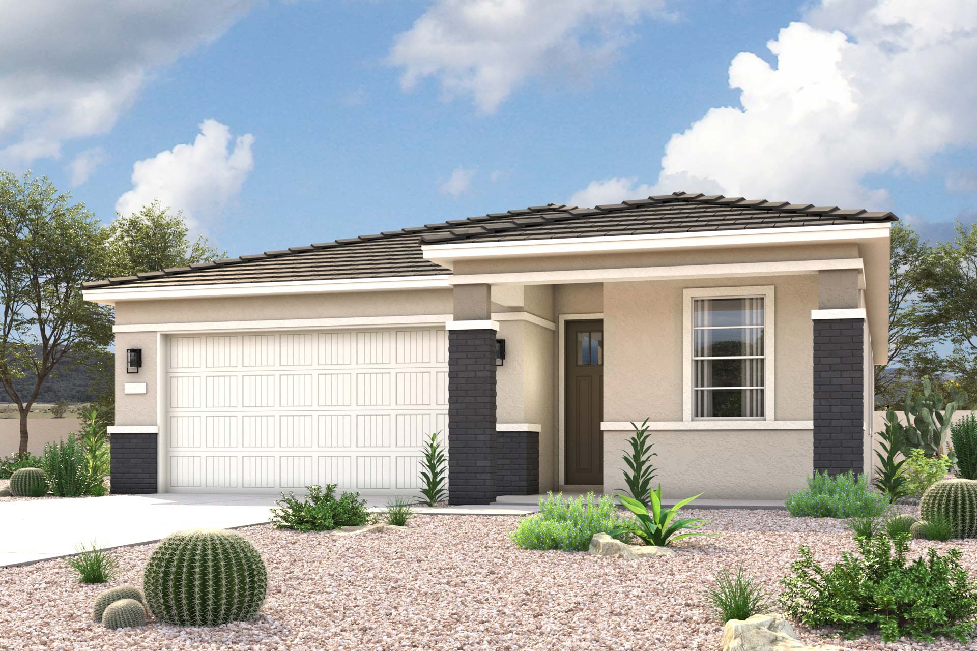 New Home classic modern exterior elevation rendering of 1 story 3-bedroom floor plan in Maricopa AZ USDA Loan VA Loan Eligible Near 347 with community amenities near park