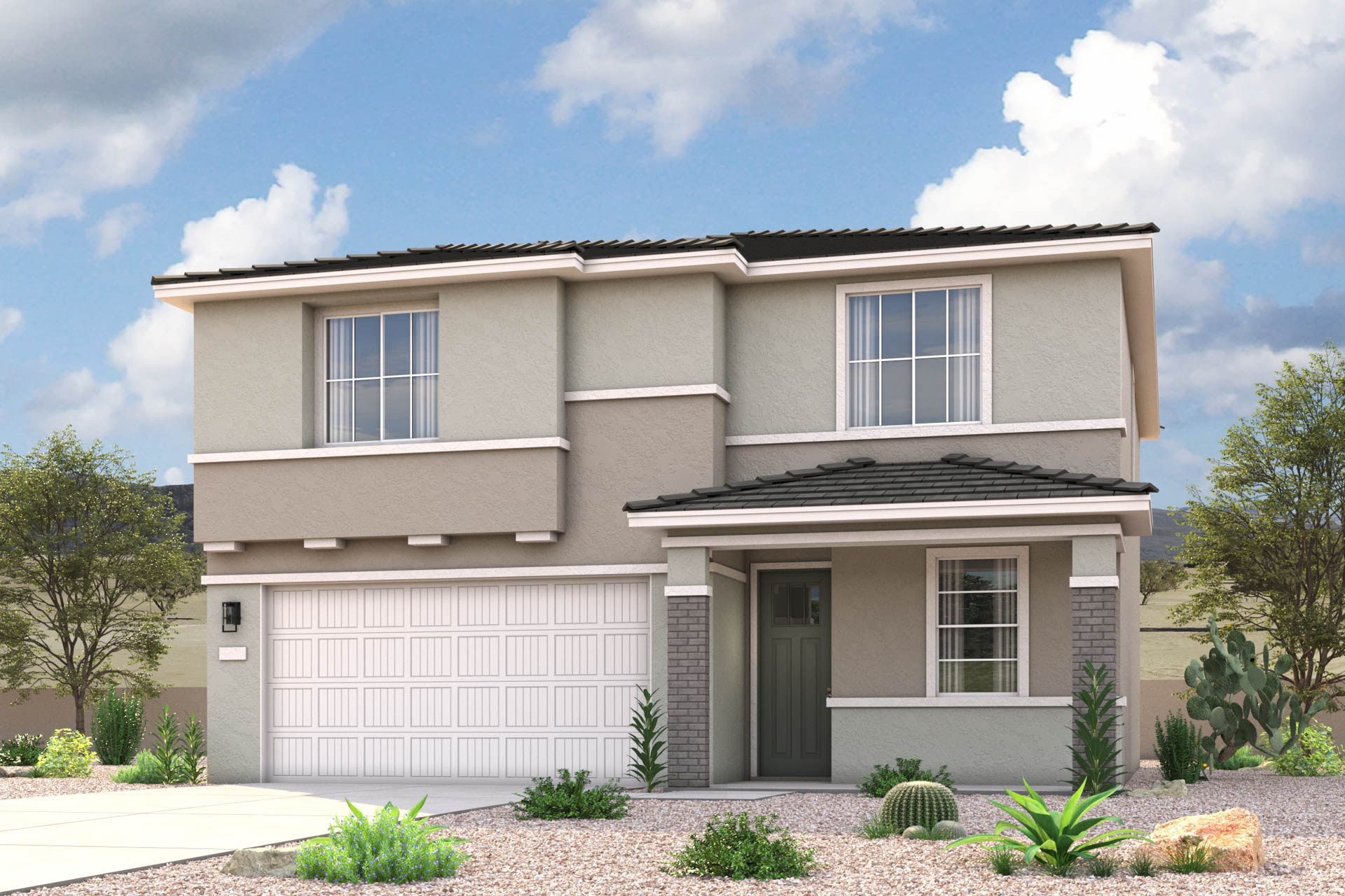 Modern Ranch exterior elevation rendering of 1 story 3-5 bedroom New Home floor plan in Maricopa AZ USDA Loan VA Loan Eligible Near 347 with community amenities near park