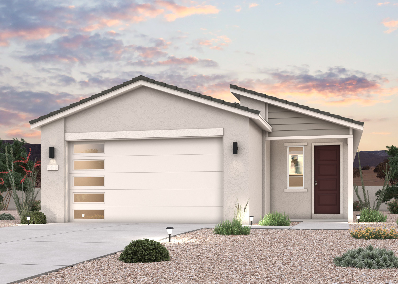 A twilight rendering of a new home in Buckeye, AZ at Manzanita at Teravalis by Century Communities.