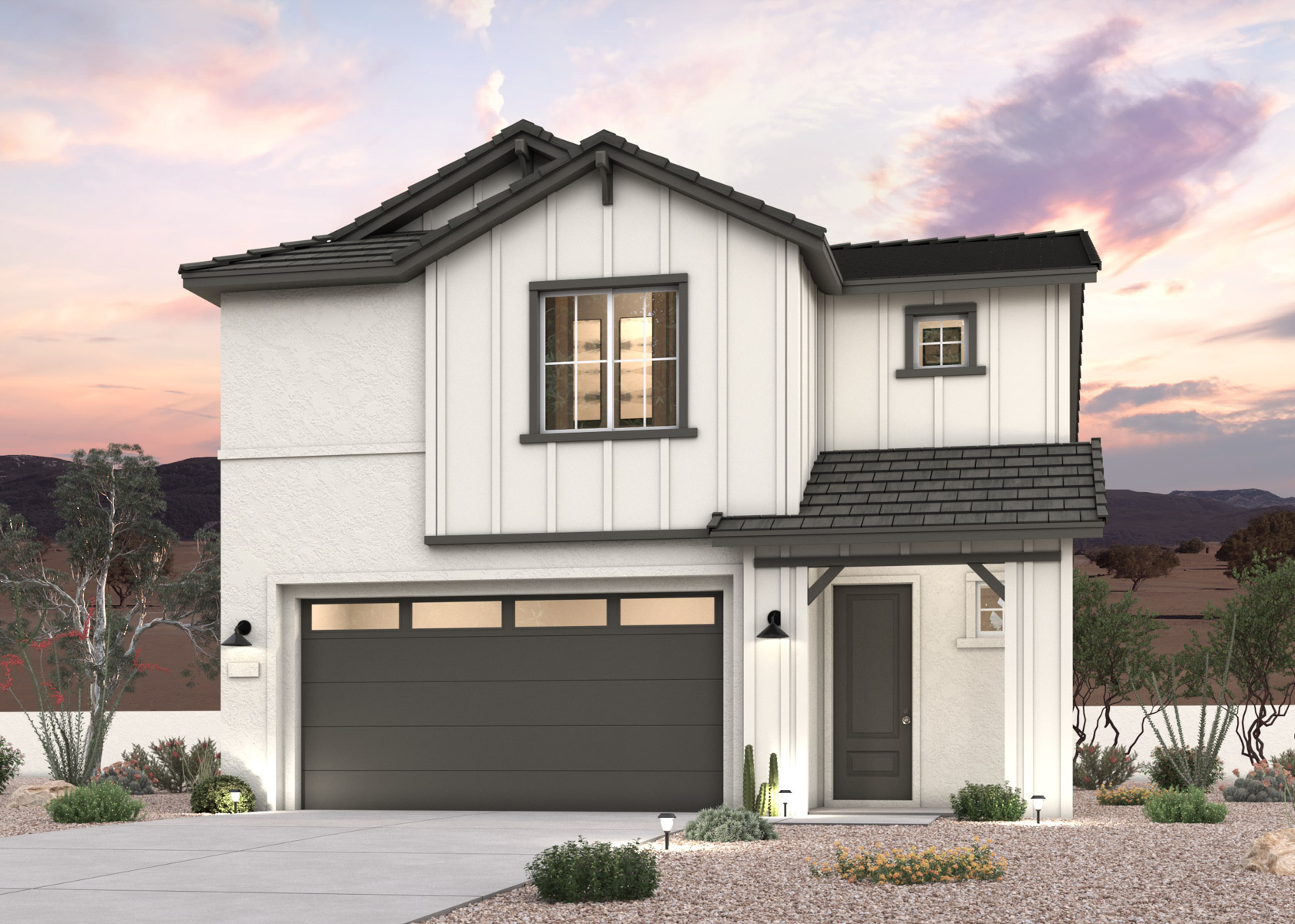 A twilight rendering of a 2-story new home in Buckeye, AZ at Manzanita at Teravalis by Century Communities.