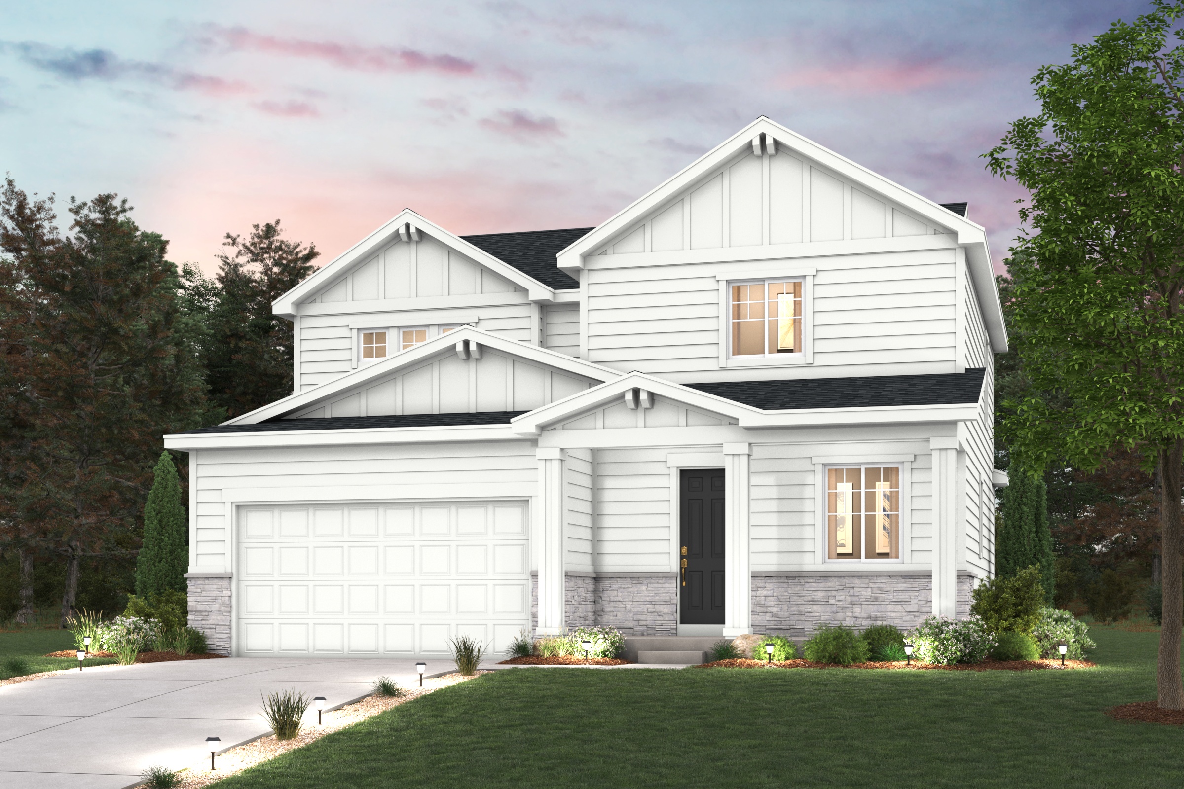 Ontario Elevation C rendering image with home illustration with landscaping and driveway