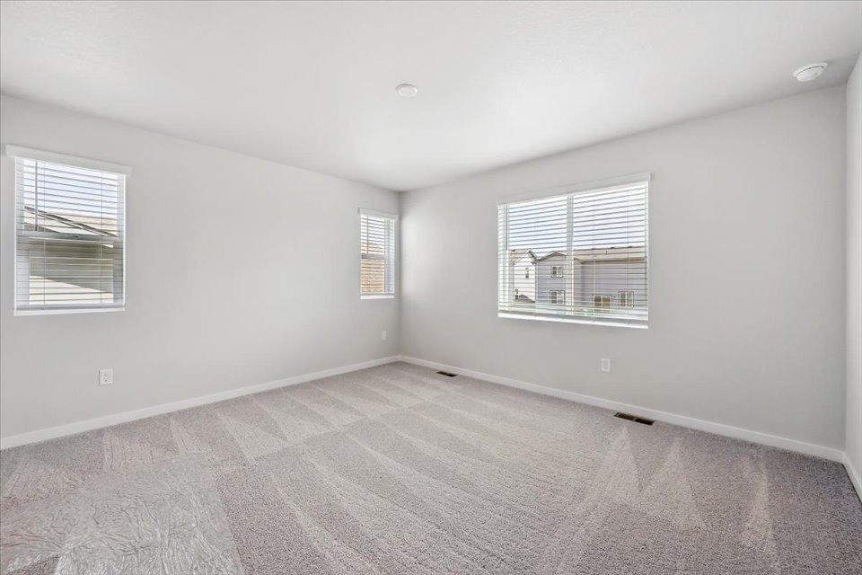 A room with a carpet and windows.