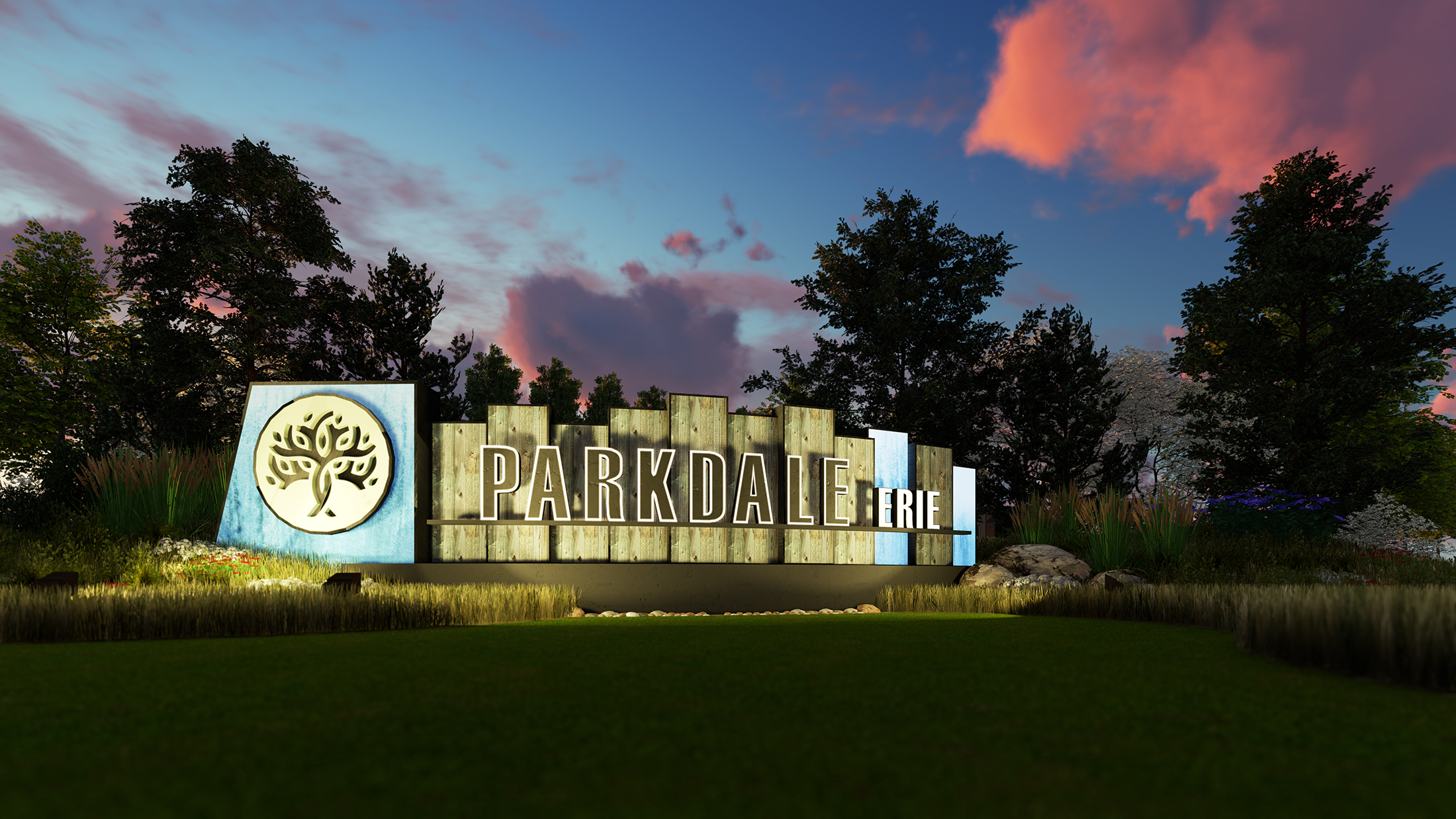 A sign in a grassy area.