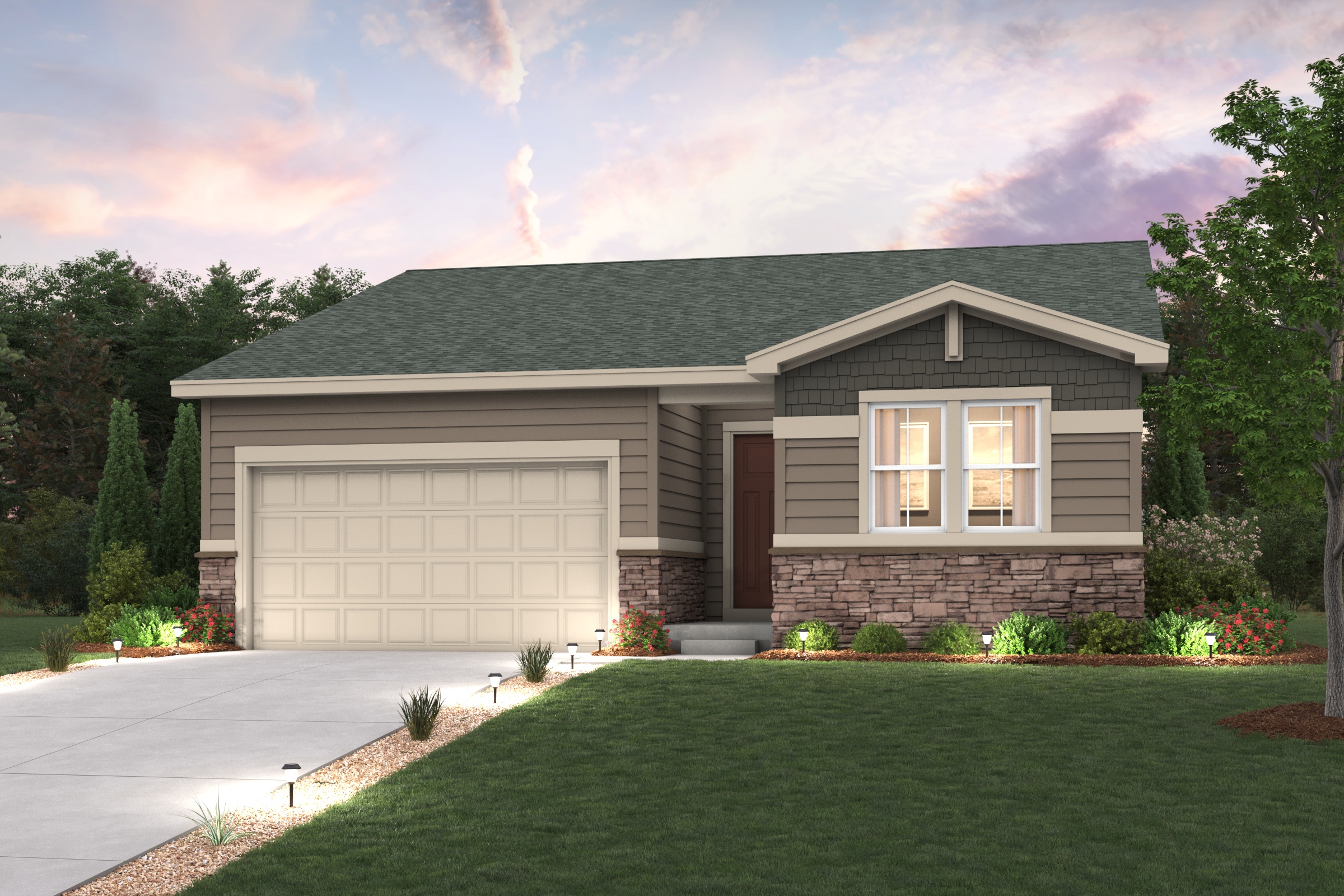 A house with a garage. Cimarron floorplan exterior rendering with landscaping and driveway 