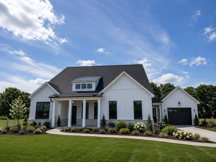 A white house with a lawn.