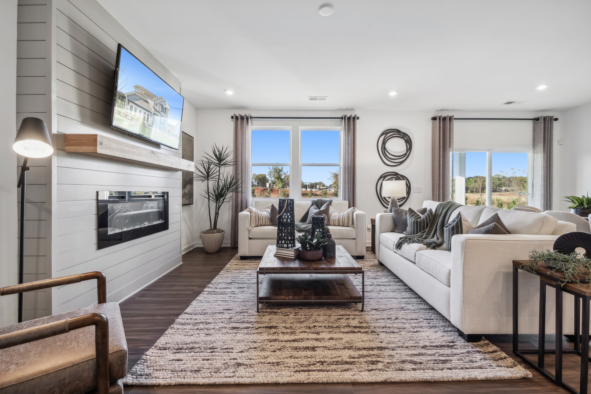 A living room with a fireplace.