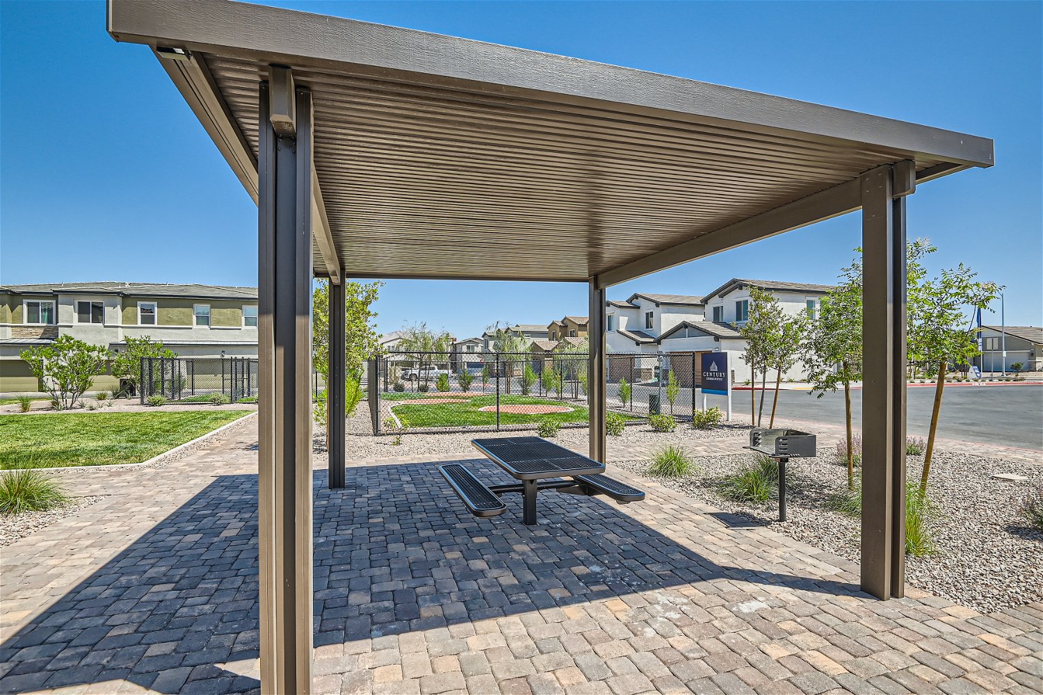 A covered area with benches.
