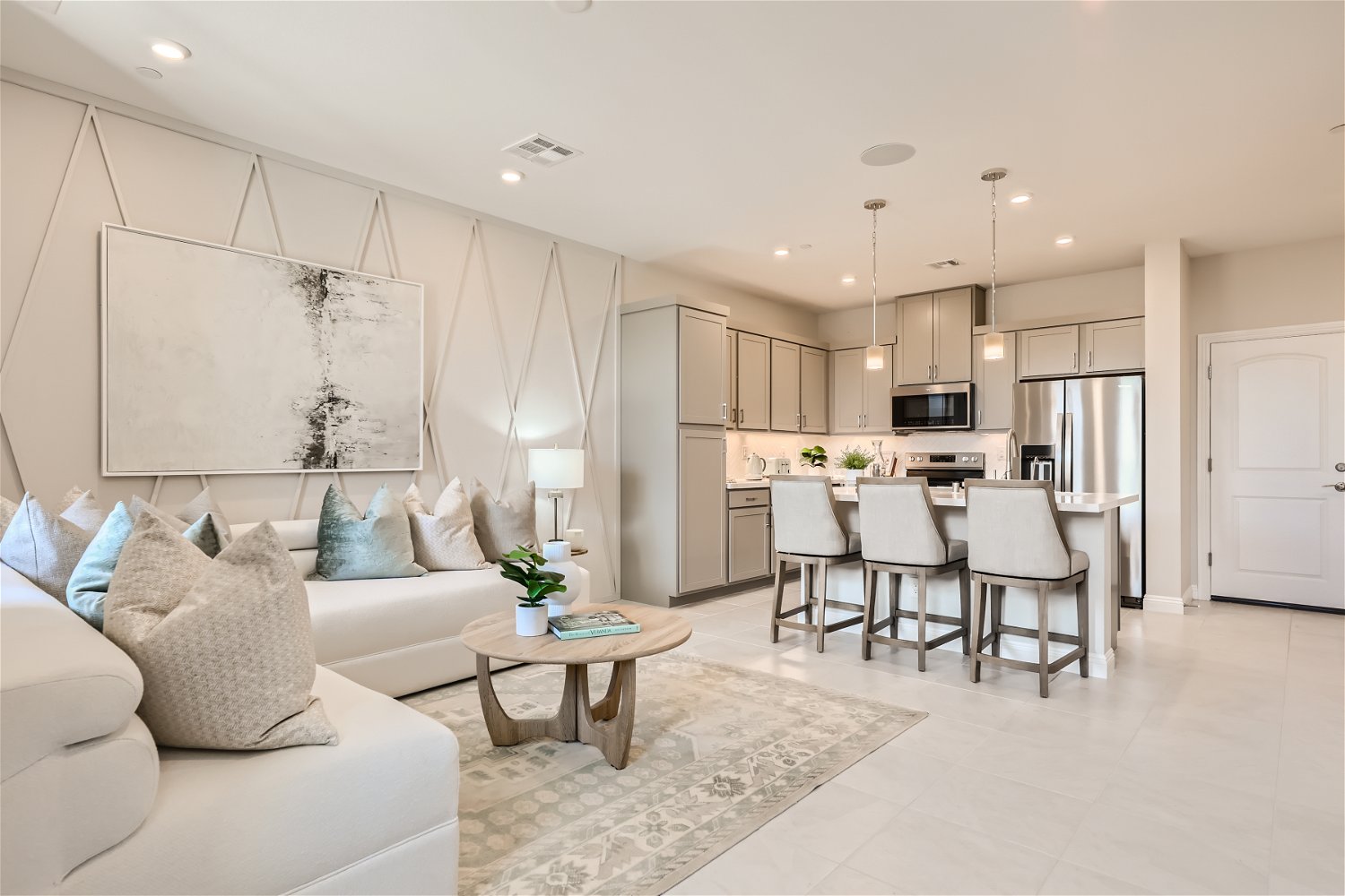 A large kitchen and dining room.