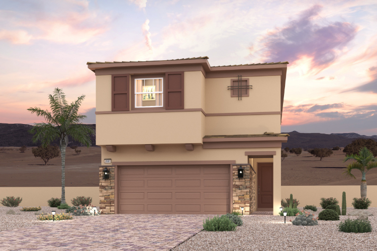 A house with a garage and palm trees.