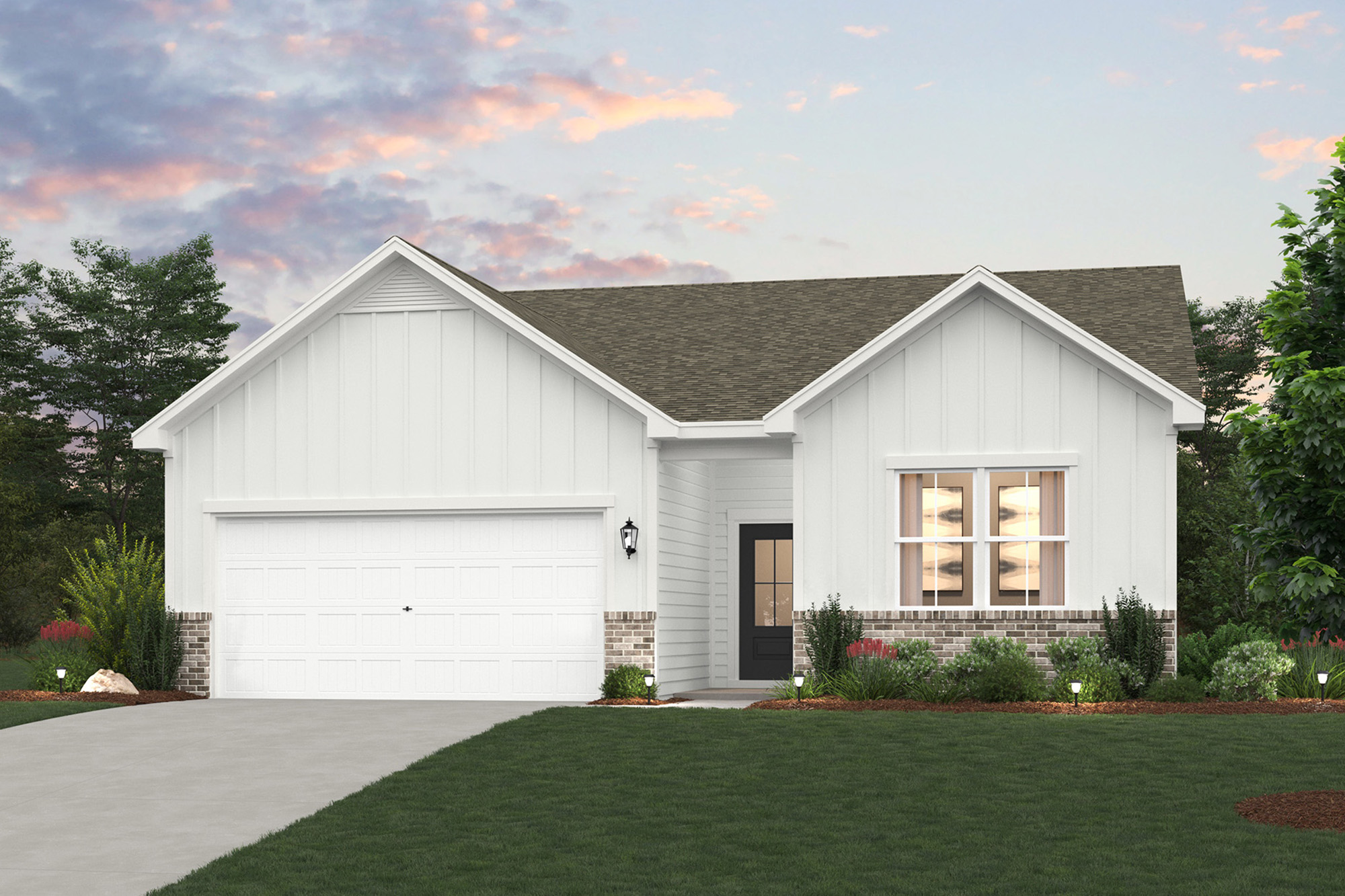 A white house with a lawn.