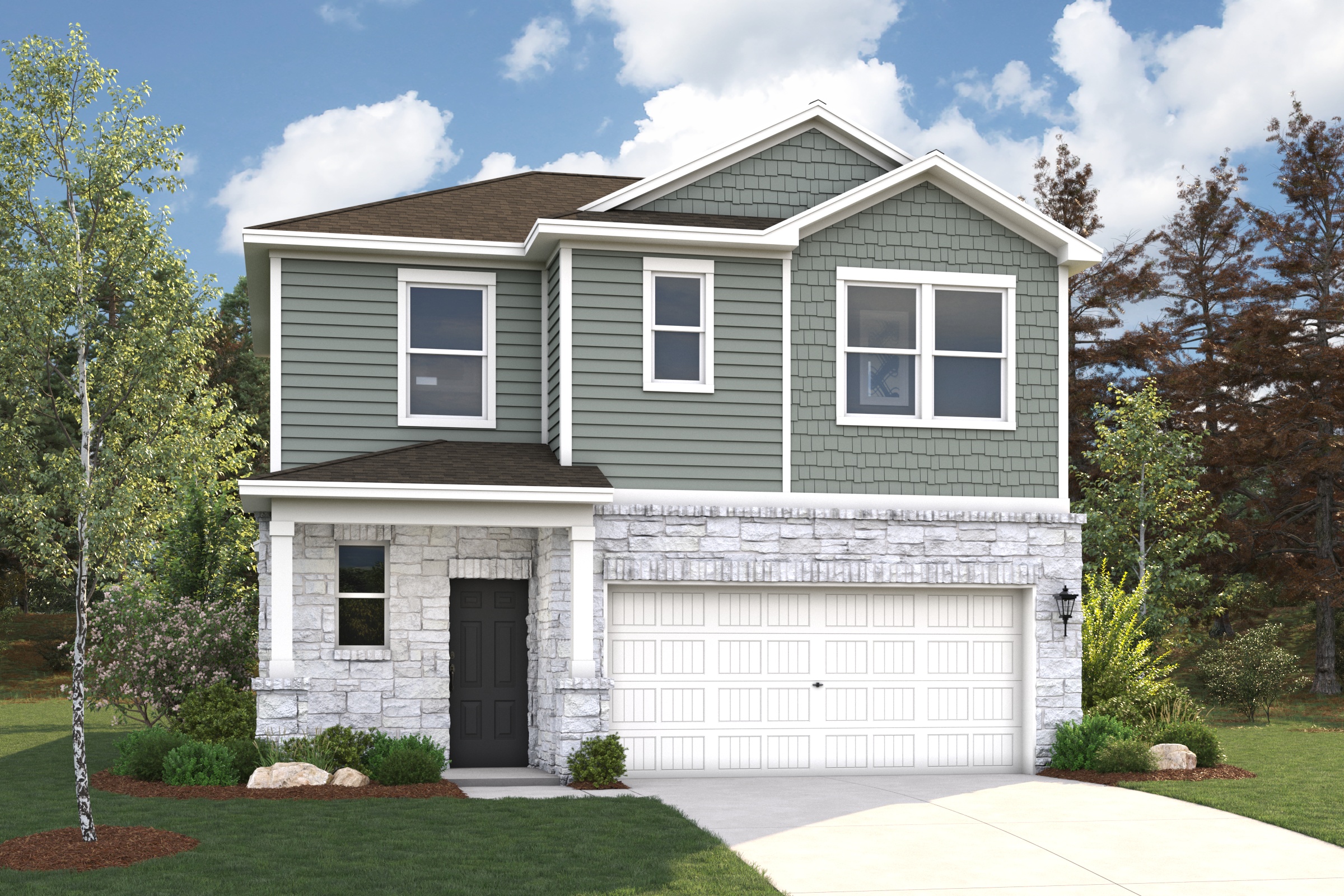 A white house with a garage.