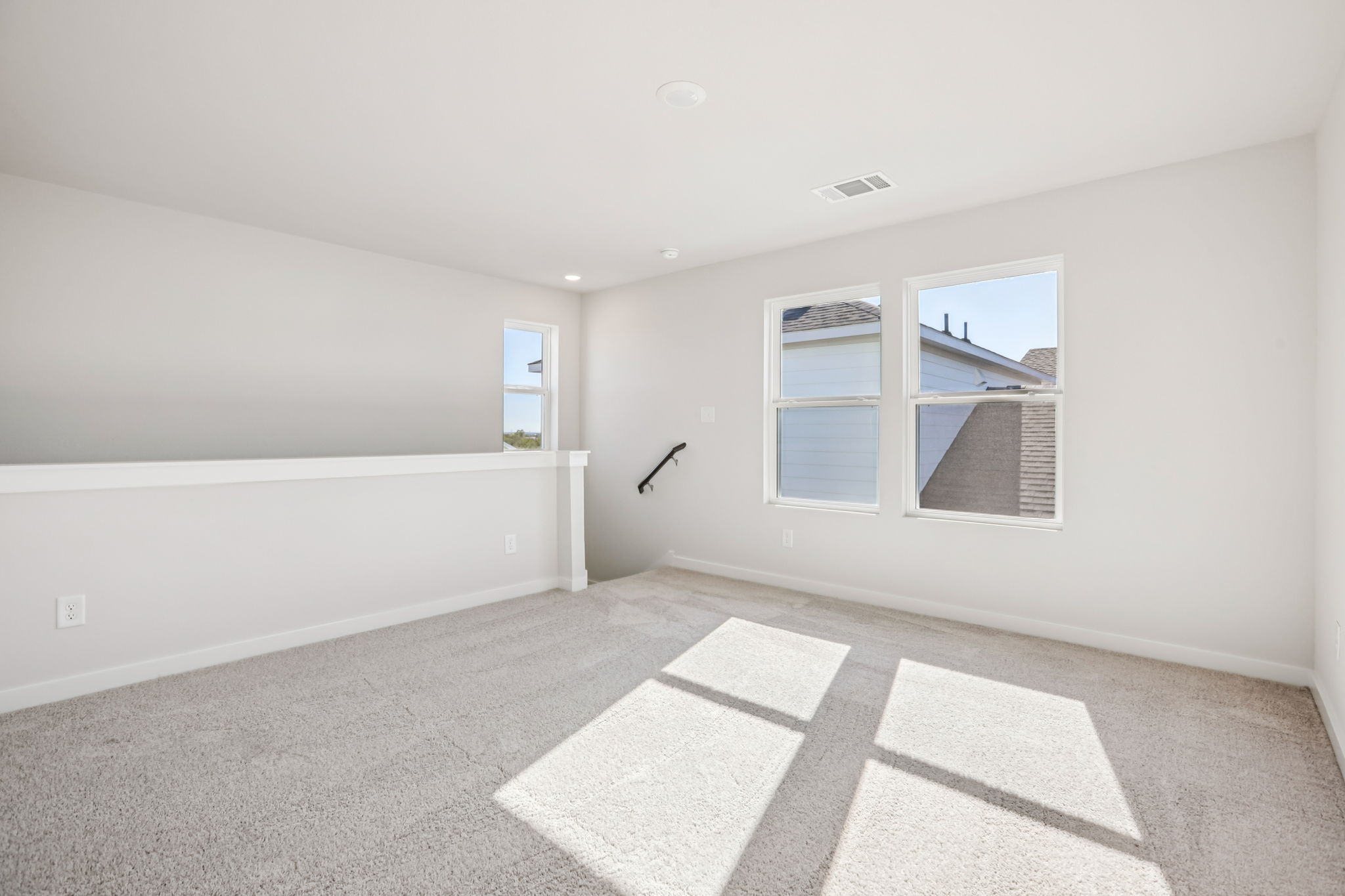 A room with a rug and windows.