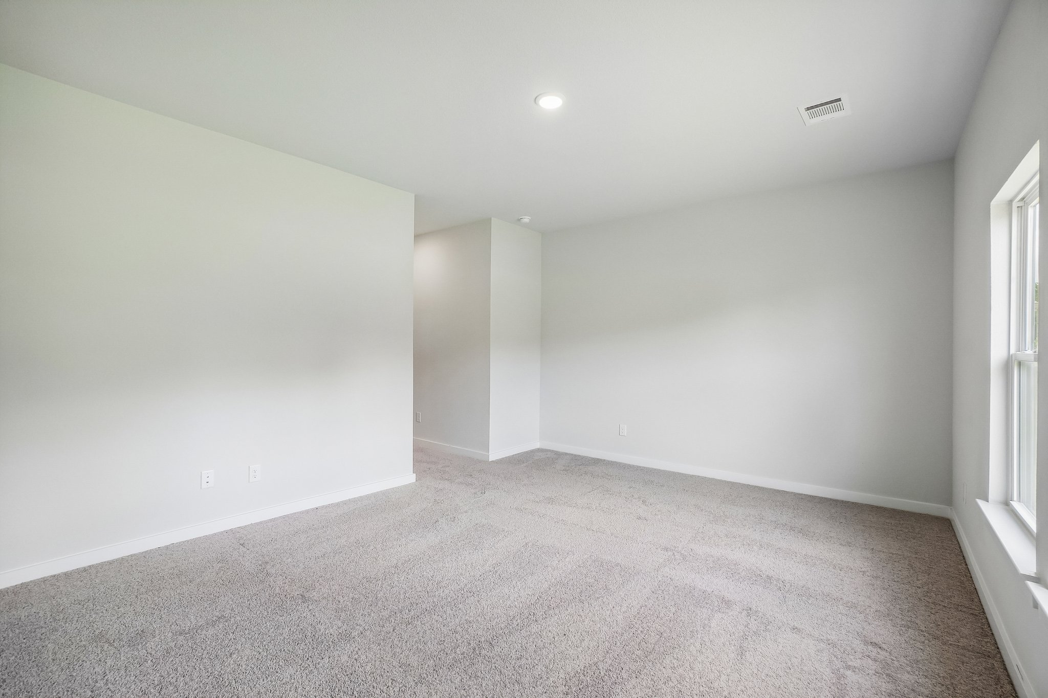 A room with a carpet and a white door.