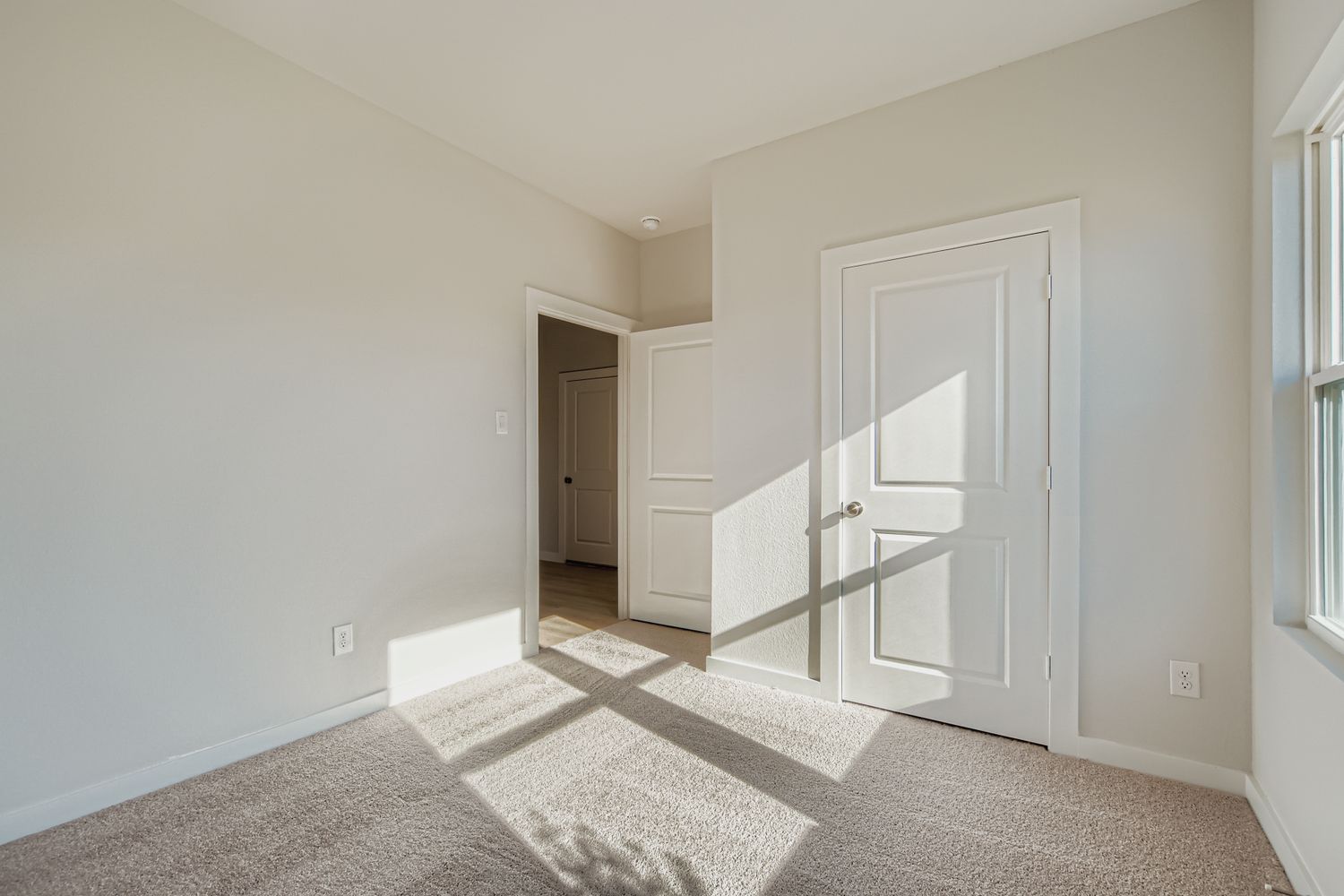 A hallway with white doors.