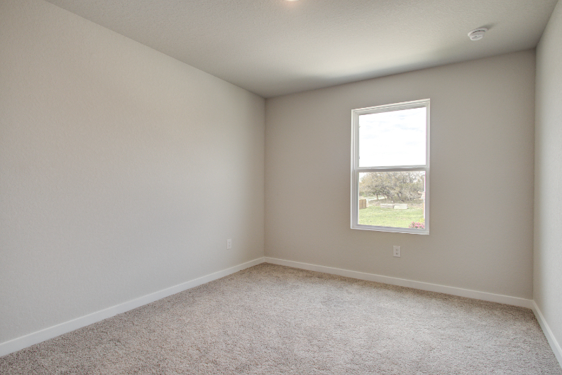 A room with a window and a carpet.