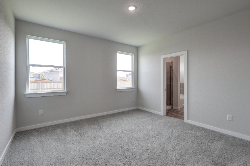 A room with a carpet and windows.
