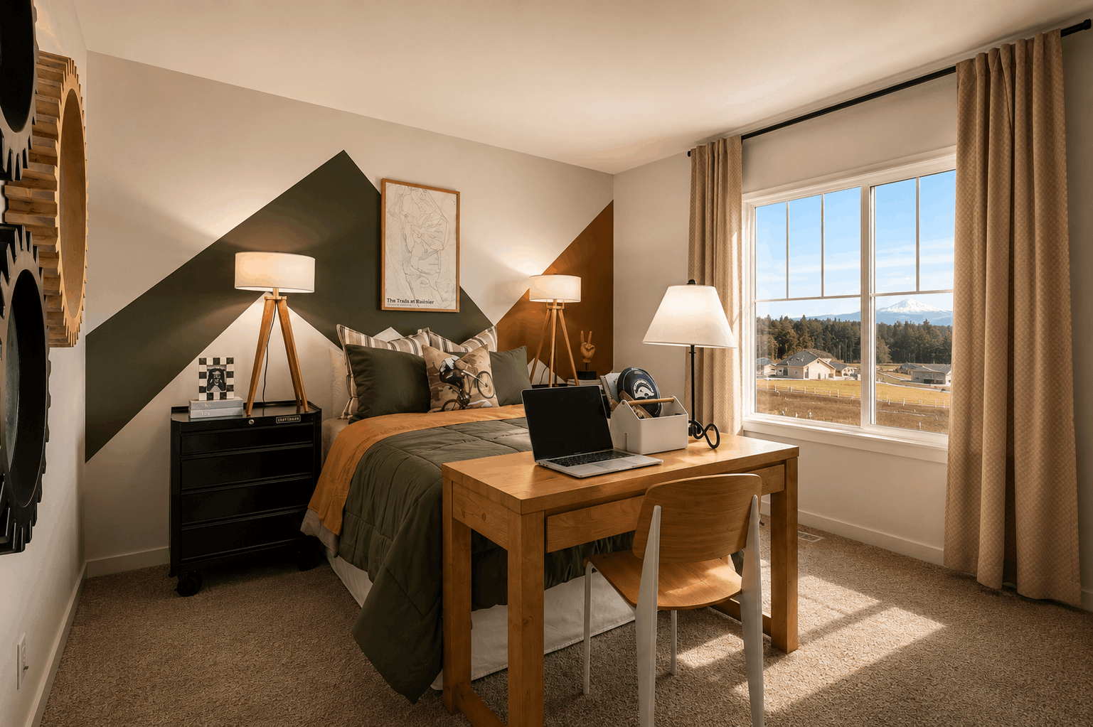 A bedroom with a bed desk and a window.