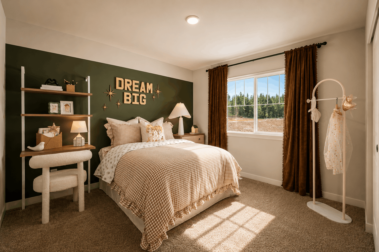 A bedroom with a bed and a desk.