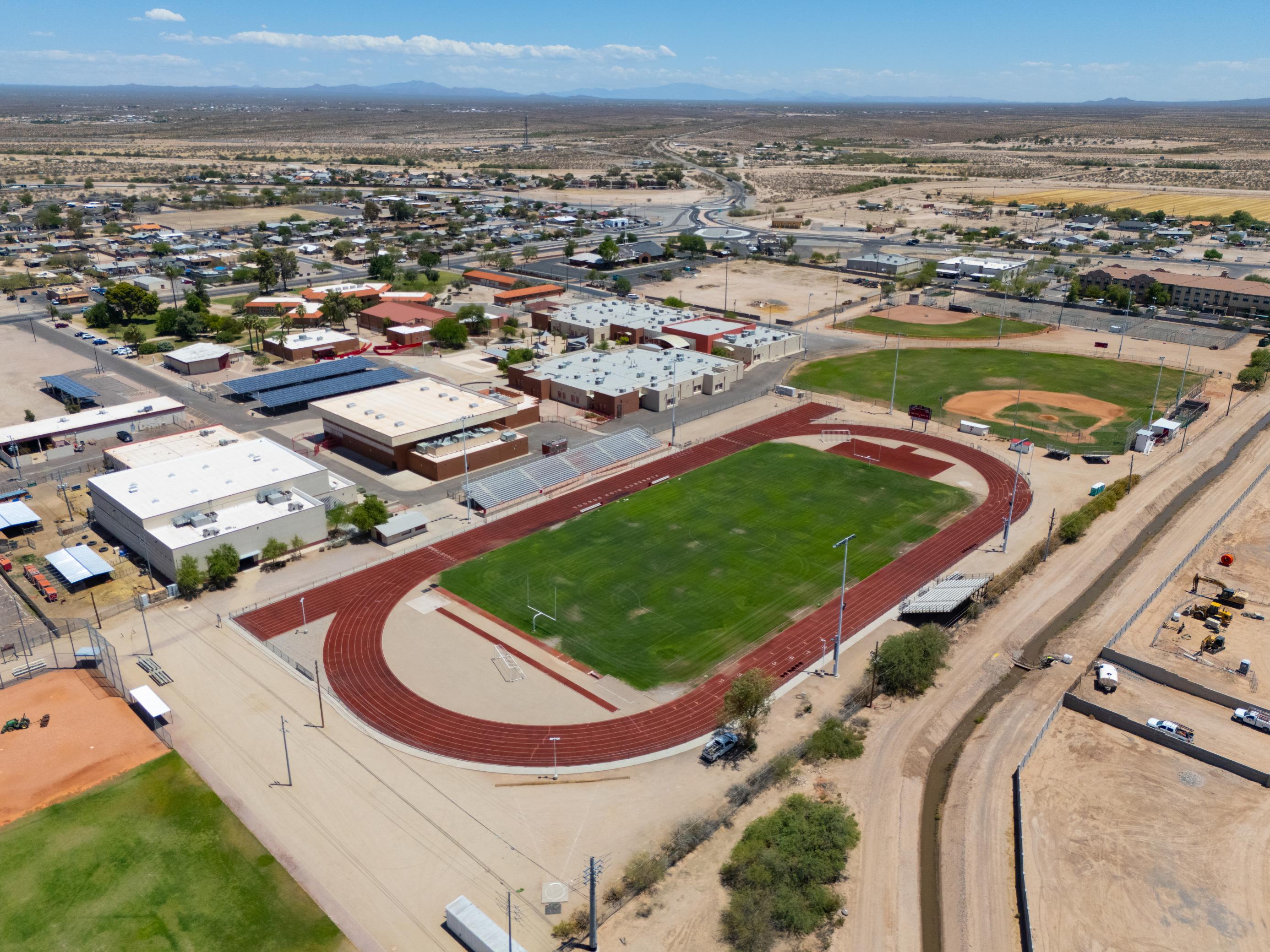 An aerial view of a football stadium.