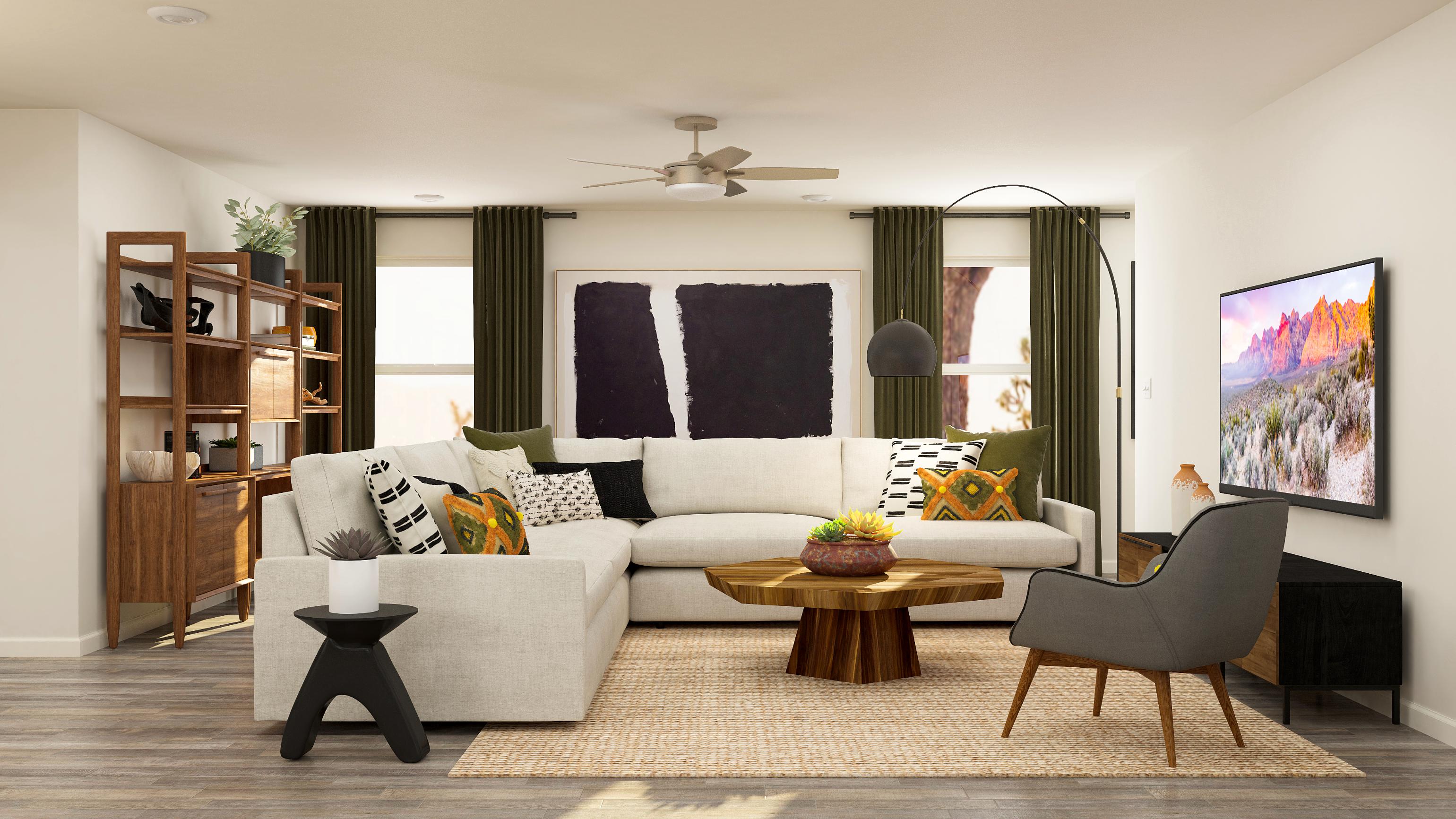A living room with a couch and a coffee table.