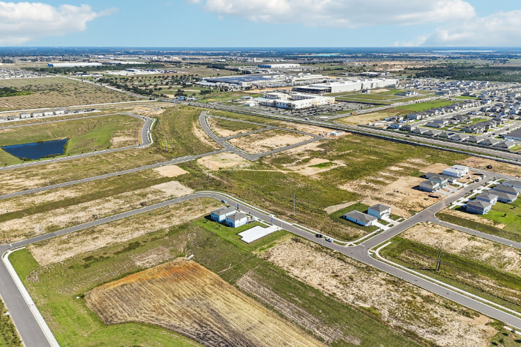A landscape with buildings and trees.
