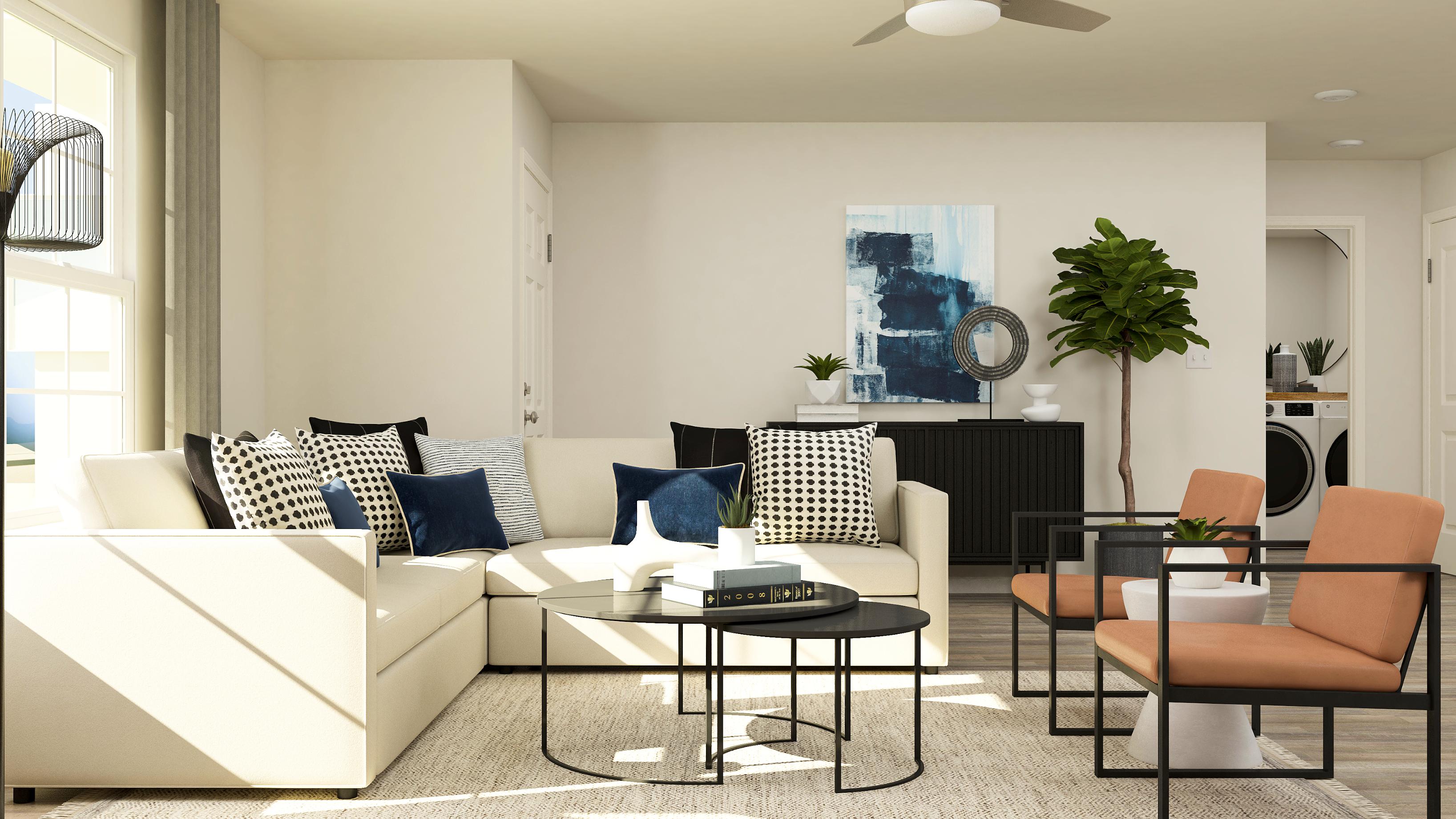 A living room with a couch and a coffee table.